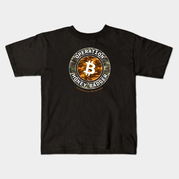 Operation Honey Badger Camo Orange Bitcoin Logo Kids T-Shirt by Reid Walley